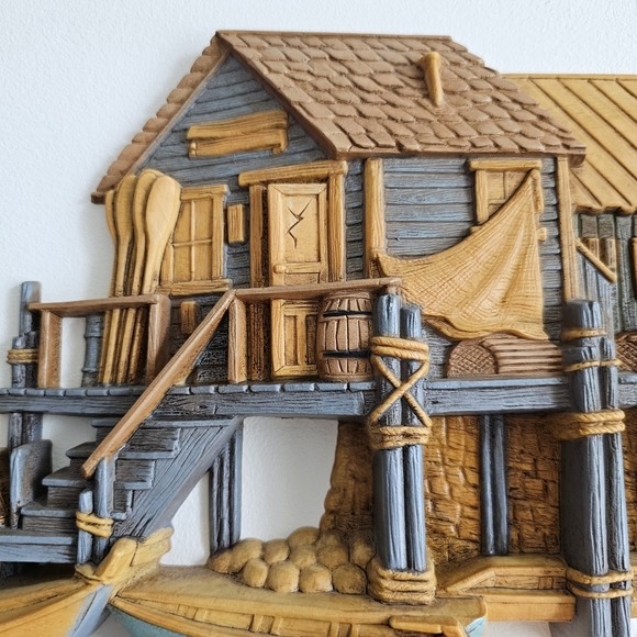 Pair of 1970's Burwood 3D Wall Hanging Seaside Vtg Set Fishing Wharf Boat Dock - Picture 10 of 16